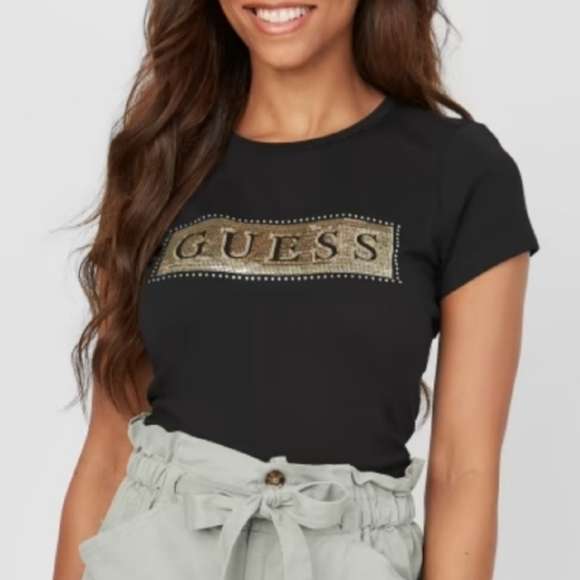 NWT Guess Women's Steel Sequin and Rhinestone Tee - Size XL - Picture 1 of 8